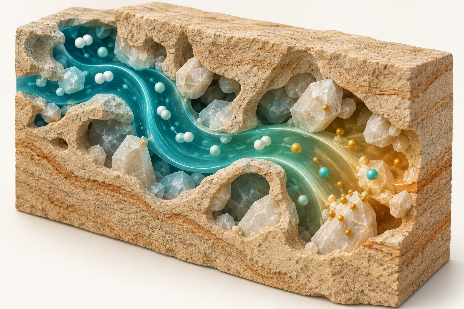 Conceptual illustration of aqueous chemistry and mineral reactions in porous sandstone.