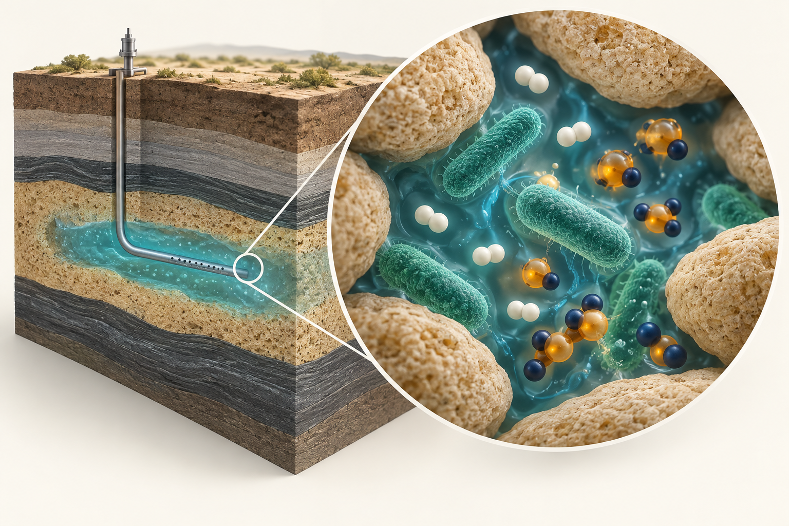 Conceptual illustration of microbes consuming hydrogen in brine-filled sandstone pores.