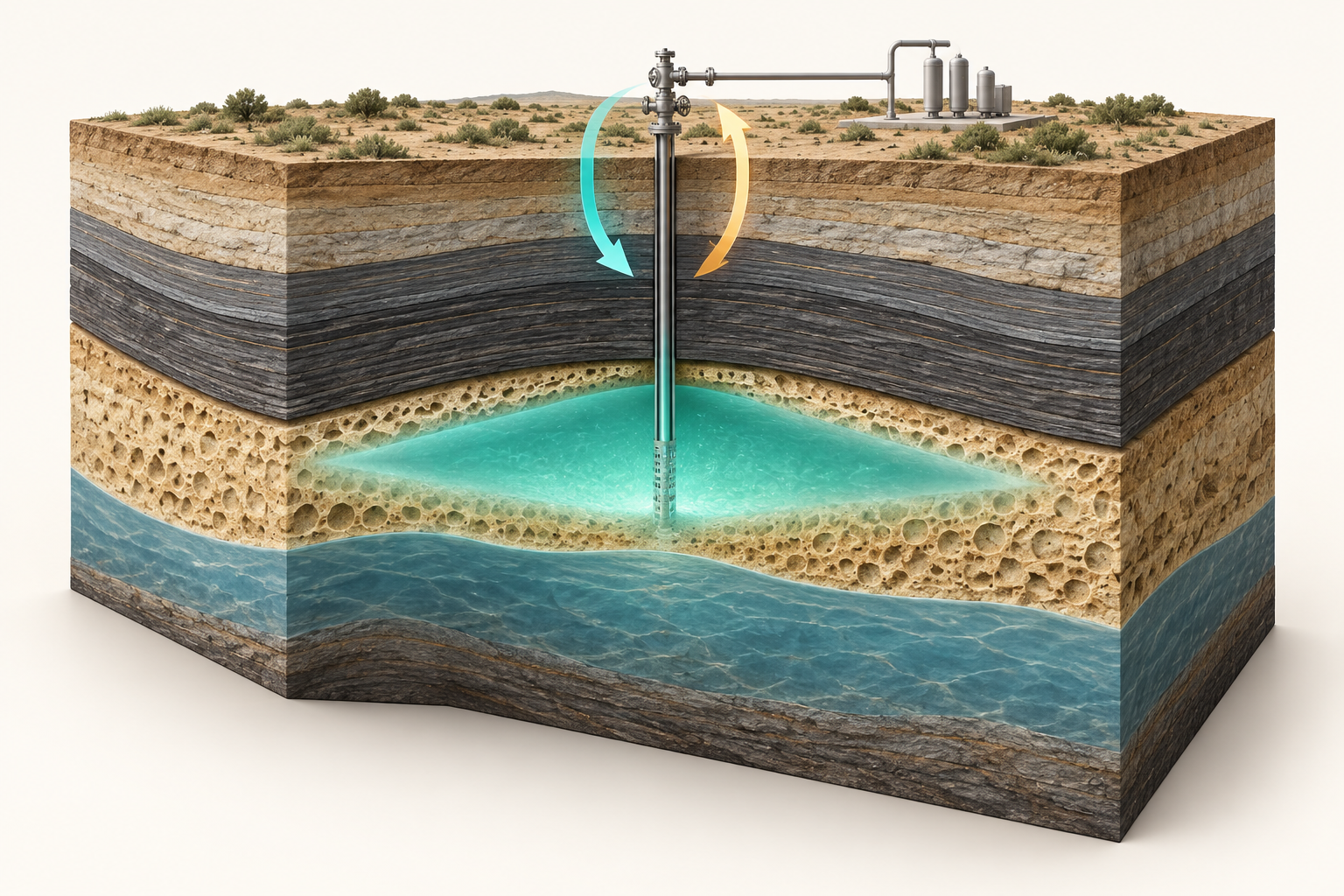 Conceptual illustration of hydrogen storage and cycling in a porous reservoir.